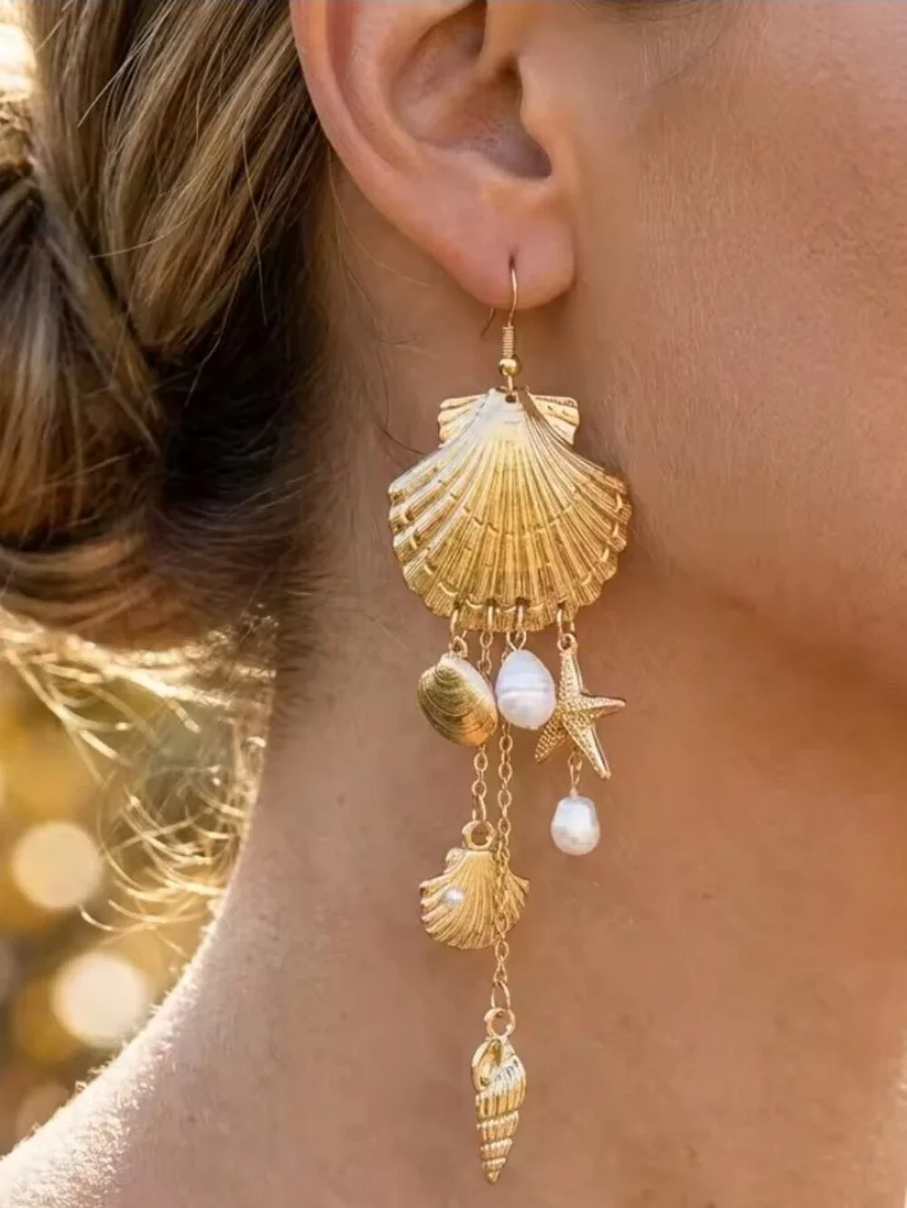 New! Gold Seashell Pearl Earrings Long Dangle Statement • NWOT